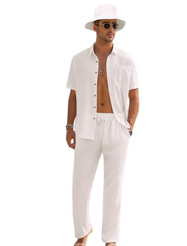 EISHOPEER Men's Linen Sets 3 Pieces Casual Button Down Cotton Linen Shirt and Long Pants Set Beach Outfits with Hats S-3XL