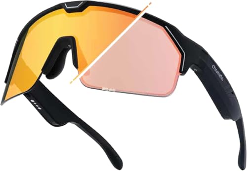 CHAMELO Music Shield Smart Audio Sunglasses Matte Black Frame Fire Lenses | Open-Ear Bluetooth Glasses for Men & Women with Electronic Tint Control Sweat Proof Sports Eyewear 100% UV Protection