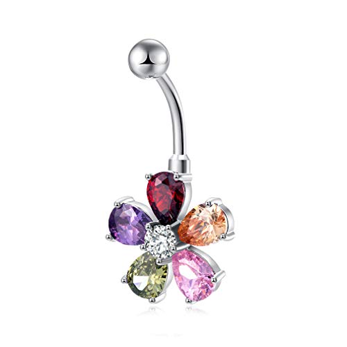 CZ Pave Belly Button Ring - Surgical Steel Vibrant Rhinestone Flower Navel Rings 18k White Gold- Diamond Belly Dangle Piercing Jewelry