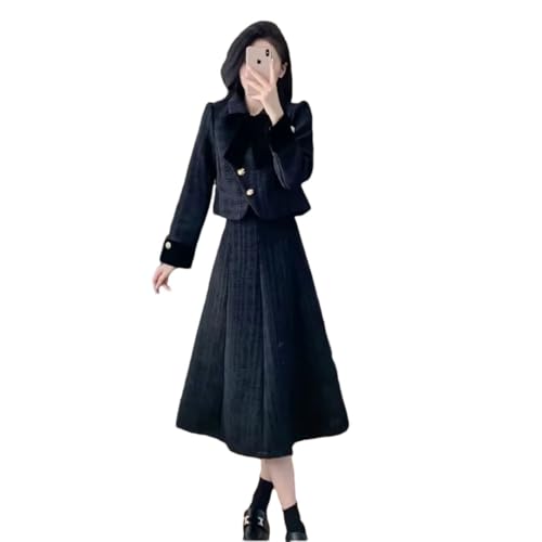 Women's Tweed Wool Winter Thickened Warm Bow-Knot Jacket And Party Maxi Skirt Set