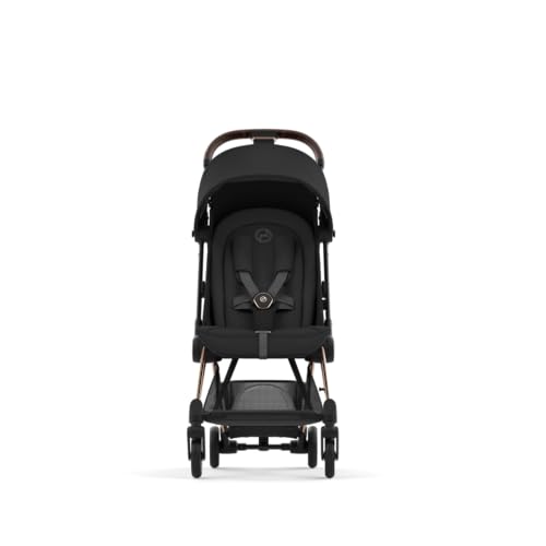 Image of Cybex Coya Compact Stroller, Lightweight One-hand Fold, Travel-Friendly Pram for Newborns, Infants, and Toddlers, Age 0-4 years, Flat Recline Position, One Pull Harness, Hand Luggage Compatible, Stroller (Sepia Black Rosegold Frame)