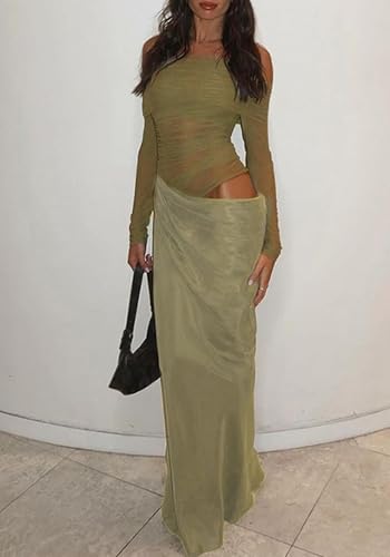 Image of Kwunbwa Women's Sexy Off The Shoulder Mesh Maxi Dress Long Sleeve See Through Ruched Party Club Bodycon Long Dresses Green