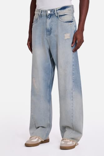 Image of SNITCH Men Streetwear Jeans | Baggy Fit Wide Leg Heavy Distressed Design & Raw Frayed Hem | 100% Breathable Cotton Denim Fabric for Casual Outings & Urban Lifestyle