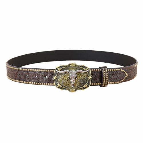 FGSS Women Men Classic-Rivet-Cowboy-Belt - Western Cowgirl-Leather-Belt with Longhorn-Bull Buckle for Pants Jeans2