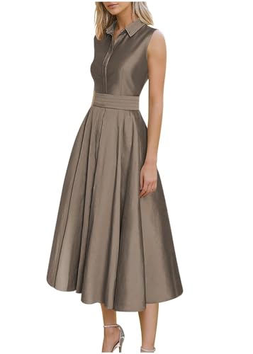 Coffee Taffeta Tea Length Elegant Formal Evening Party Dresses for Women A Line Satin Midi Wedding Guest Dress with Pockets Cocktail Dress US4