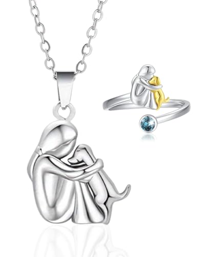 JUKOTA Collar de perro,Collar de abrazo de perro y niña, colgante de plata de ley 925 con forma de animal, regalo perfecto para niñas, hijas, madres y amigas plateado + anillo azul