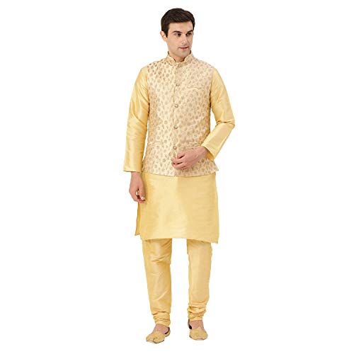 Image of SOJANYA (Since 1958 Men's Cotton Linen Maroon Kurta and White Pyjama with Mustard Cotton Nehru Jacket