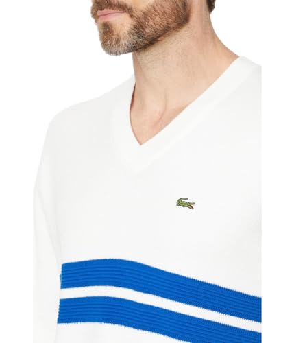 Lacoste Men's Long Sleeve Relaxed Fit V Neck Sweater W/Stripes, Flour/Ladigue, S3