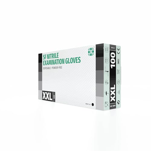 SF Nitrilhandschuhe XXL Schwarz – 100 Stück Einweghandschuhe, Einmalhandschuhe, Puderfrei, Latexfrei, Gummihandschuhe Einweg zum Kochen, Putzen, für Medizin, Küche, Garten, Werkstatt, Tattoo, Haushalt