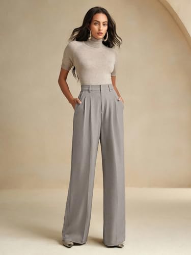 Image of KOTTY Women's High Waist Solid Color Hook and Bar Wide Leg Trousers Loose Comfort Trouser with Pockets