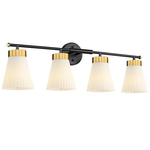 Image of 4-Light Bathroom Light Fixture, HWH 32 Inch Vanity Lights Over Mirror, Modern Sconce Wall Lighting with Frosted Milk White Striped Glass, Black and Gold Finish, 5HZG97B-4W BK+BG