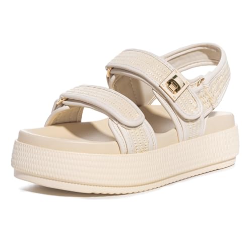 FITORY Women Platform Sandals Comfortable Open Toe Beach Shoes with Adjustable Buckle Straps for Summer Beige Size 8