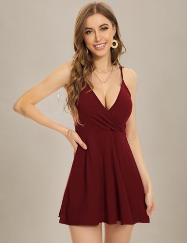 Image of MadHeart Womens V Neck Sexy Backless Dress Adjustable Spaghetti Strap Short Wrap Dress
