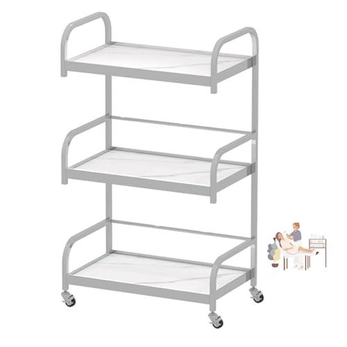 Elegante carrito de almacenamiento de 3 niveles con ruedas universales y reposabrazos, divisores ecológicos para ahorrar espacio, marco de hierro (plateado y blanco)