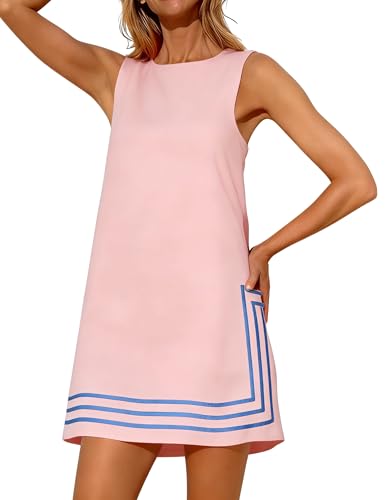 Image of Womens Summer Boho A-Line Mini Dress Sleeveless Sundress Color Block Beach Coverups(Pink-L)