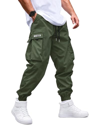 Ntrlv Mens Cargo Joggers Techwear Pants Regular Fit Straight ArmyGreen S | Drawstring, Elastic Waist, Multi Pockets, Tapered Leg, Regular Fit, Outdoor, Work, Travel