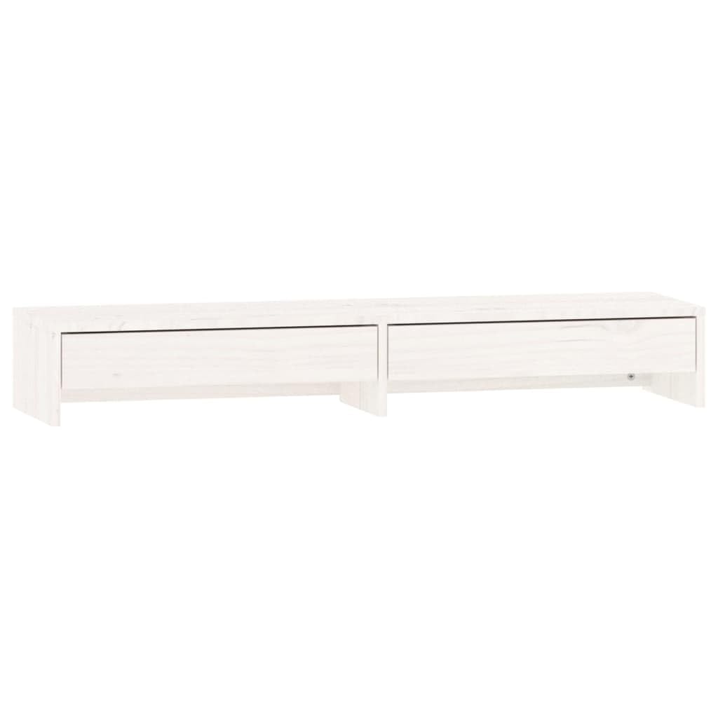 Supporto per monitor in legno di pino, supporto da scrivania con 2 cassetti, bianco, 100 x 27 x 15 cm, rialzo per monitor per ufficio e home office