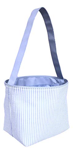 SONA G DESIGNS Seersucker Medium Fabric Easter Basket Bucket Tote Bag (Blue - Monogram)2