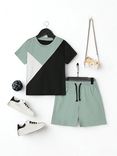 Image of Ayzozuy Boy Clothes Colorblock Top + Drawstring Waist Shorts 2 Pieces Kid Summer Outfits Set