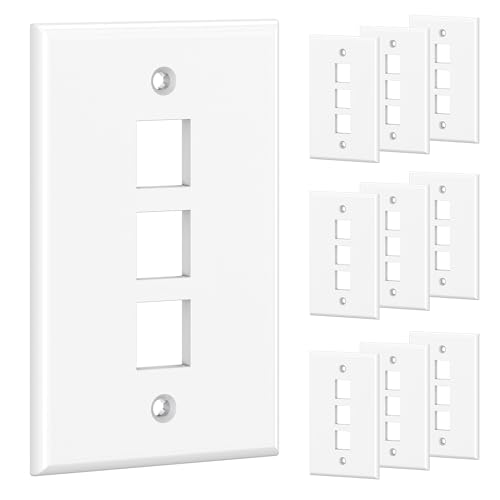 Image of [UL Listed] Cable Matters 10-Pack Low Profile 3-Port Keystone Wall Plate | RJ45 Wall Plate, for Keystone Jacks, White
