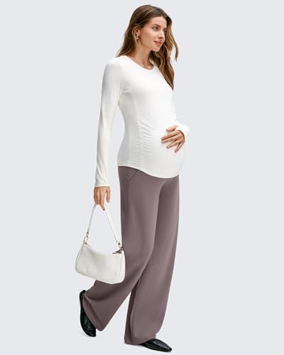 Image of G4Free BareFeel Maternity Pants Over the Belly Pregnancy Trousers for Work | High Waist Coverage,Two Side Pockets,Wide Leg Design,Soft Knit Fabric,for Dress Casual Yoga