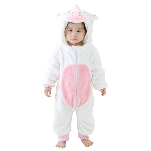 Monstoyo Pagliaccetto Neonato Invernale Costume Neonato, Flanella Unicorno Dinosauro Costume Neonata Sacco Nanna con Cappuccio Animale Tuta Neve Tutone Pile Bambino Unicorno Bianco 70(0-6 Mesi)