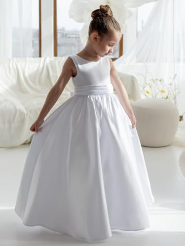 Satin Flower Girl Dress for Wedding Bow-Knot V-Back Dresses Crew Neck First Communion Princess Long Ball Gowns3