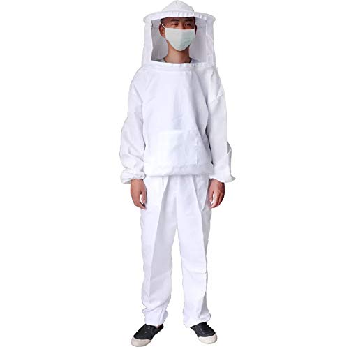 Professional Beekeeping Suit Cotton Bee Keeping Suit Protective Bee Keeping Jacket with Veil Hood (White-2, one Size)