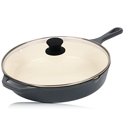 Mahlzeit Poêle en fonte émaillée avec couvercle - Diamètre : 29,5 cm - Blue Berry - Poêle à frire avec deux becs - Couvercle - Poêle universelle, poêle...