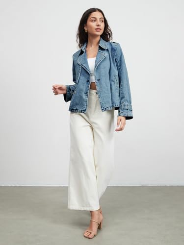Denim Jacket for Women Lapel Double Breasted Oversized Jean Jacket Fall Casual Trendy Trench Coat with Pockets2