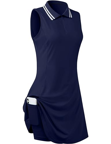 FREEYE Golfkleider für Damen, Tenniskleid, Pickleball-Outfits, Polokleid, Kragenkleid, aktive Kleider mit Shorts, Marineblau, Größe XL