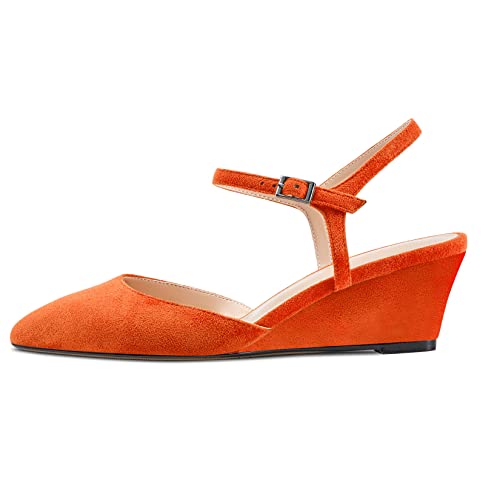 HEUIVZAR Ankle Strap Wedge Pumps for Womens Pointed Toe Mid Chunky Block Heel Slingback Two-Piece Suede Casual Comfort Dress Shoes 2 Inch2