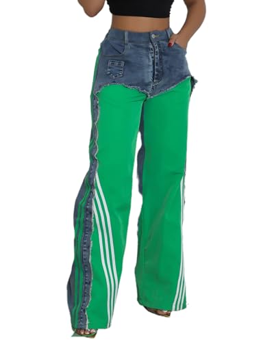 Women's Jeans with Striped Patchwork Color Block High Waisted Drawstring Elastic Hem Wide Leg Denim Pants4