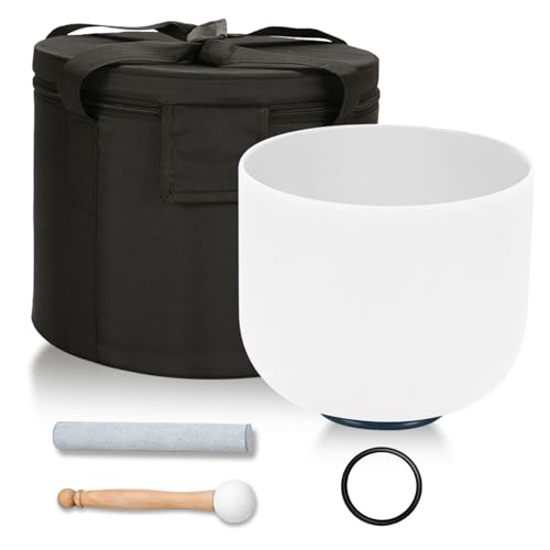 432HZ 8 Inchs F Note White Frosted Crystal Singing Bowl for Meditation Healing Yoga Chakra Quartz Crystal Sound Bowls with Heavy Duty Carry Case and Rubber Mallet,Suede Striker,O-rings