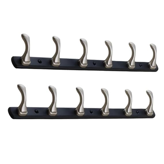 Image of ELUVIA Zinc Alloy 6 Pin Wall Hooks for Hanging Cloth and Towel Hangers for Wall Hook,Hook Rail Home Bathroom Kitchen & Bedroom (Pack of 2,Silver Black,6 Hook)