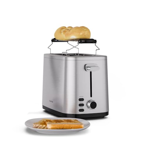 Klarstein VeroSteel Grille-pain 2 tranches – 800W inox, 7 niveaux de dorure, Décongélation & Réchauffage, Chauffe-viennoiseries, Ramasse-miettes, Arrêt automatique