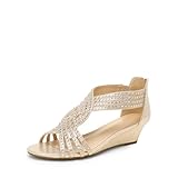 DREAM PAIRS Women's Open Toe Low Wedges Sandals Sparkly Rhinestone Strappy Zipper Weeding Dressy Elegant Summer Shoes for Lady,Size 9.5,Gold,SDPW2409W