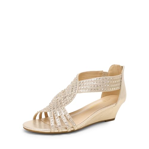 DREAM PAIRS Women's Open Toe Low Wedges Sandals, Rhinestone Strappy Zipper Dress Shoes, Summer Wedding Party Travel Shoes 9.5 Gold