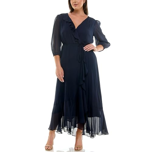 Maison Tara Women's V-Neck Ruffle Faux Wrap Maxi Dress, Navy,4