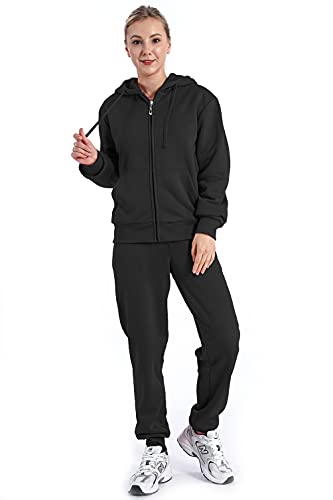 Leehanton Sweatsuit For Women 2 Piece Warm Thick Fur Lining Fleece Zip Up Hoodie Sweatshirt And Matching Long Sweatpants Tracksuit Sets Black Large #TOP1