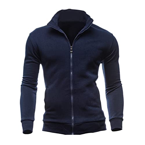 Cárdigan de punto para hombre, de color sólido, clásico, con forro polar, cuello alto, con cremallera completa, chaqueta fina, suéter de moda, suéter con cremallera, suéter de color liso, azul marino,