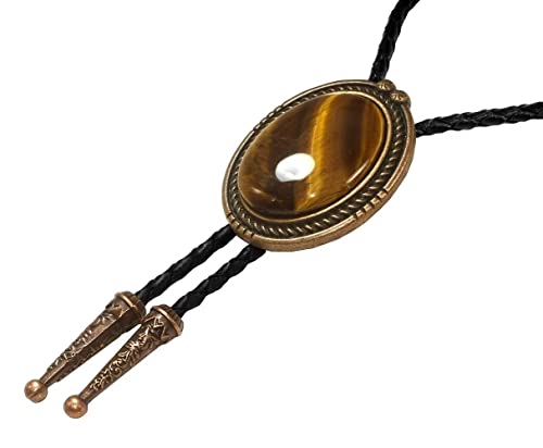 Image of Moranse Bolo Tie with Natural Tiger Eye Stone Celtic Style Genuine and Cowhide Rope