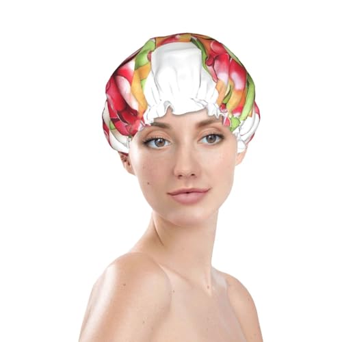 Fruit Ribbon Bow Prints Shower Cap Double Layer Lined Waterproof Bathing Shower Hat