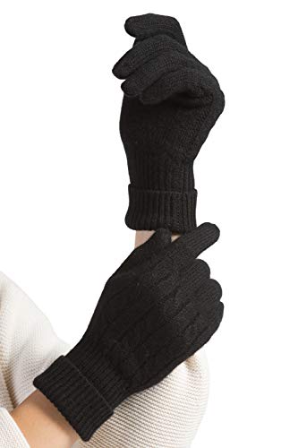 Fishers Finery Womens 100% Pure Cashmere Gloves Cable with Extended Cuff Black