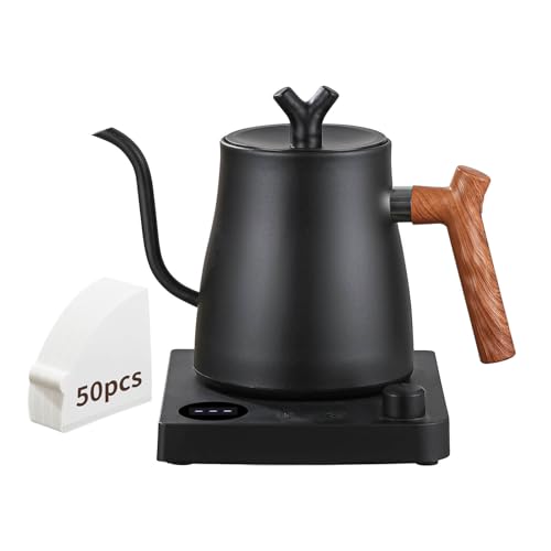 DELARLOCHEF Smart Electric Gooseneck Kettle 40-100 Adjustable Temp Control 36Hour Heat Retention Coffee Kettle 1000W Fast Boil 1L Anti-Dry 50 Coffee Filters Gift Black Wood Handle