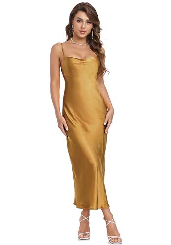 Image of Women's Spaghetti Strap Midi Satin Silk Dresses Slip Cowl Neck Party Cocktail Evening Sexy Dress