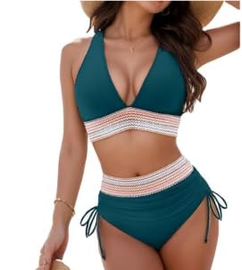 Hicodbek Bikini Damen Set Sexy Badeanzug Bademode Hohe Taille Farbblock Zweiteiliger Kordelzug Badeanzüge Bikinis für Frauen (DE/NL/SE/PL, Alphanumerisch, XL, Regular, Regular, Dunkelgrün)