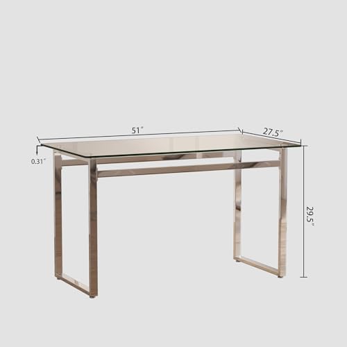 Modern Glass Dining Table for 4-6, 51" Rectangular Kitchen Dining Room Table with 0.31" Tempered Glass Tabletop and Silver Chrome Metal Legs, Writing Table Desk, for Kitchen Dining Living Room - Image 3