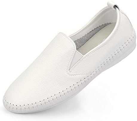 Women's Loafers Slip On Sneakers Memory Foam Insoles Round Toe Soft Sole Womens Comfortable Leather Shoes Flat Dressy Comfortable for Women White/PU Size 8
