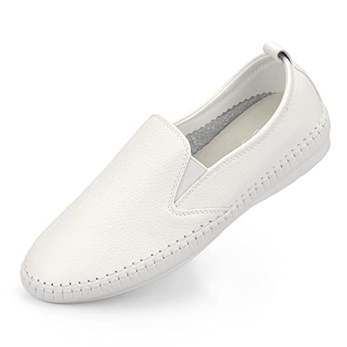 Women's Loafers Slip On Sneakers Memory Foam Insoles Round Toe Soft Sole Womens Comfortable Leather Shoes Flat Dressy Comfortable For Women White/Pu Size 8 #TOP3